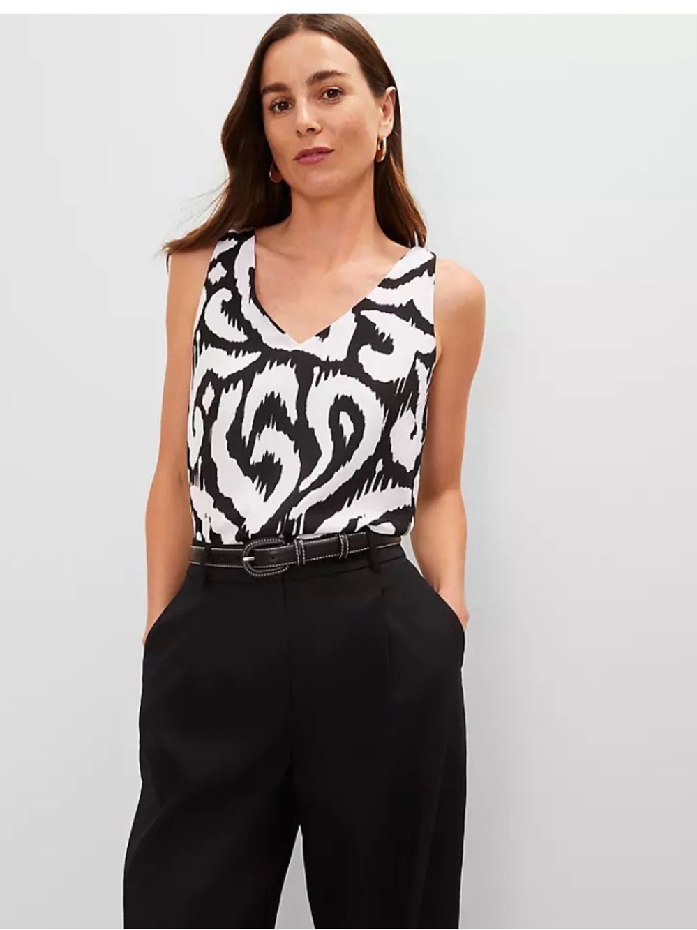 ANN TAYLOR Animal Print Mix MediaBlack Shell Black & White V-Neck aTank M